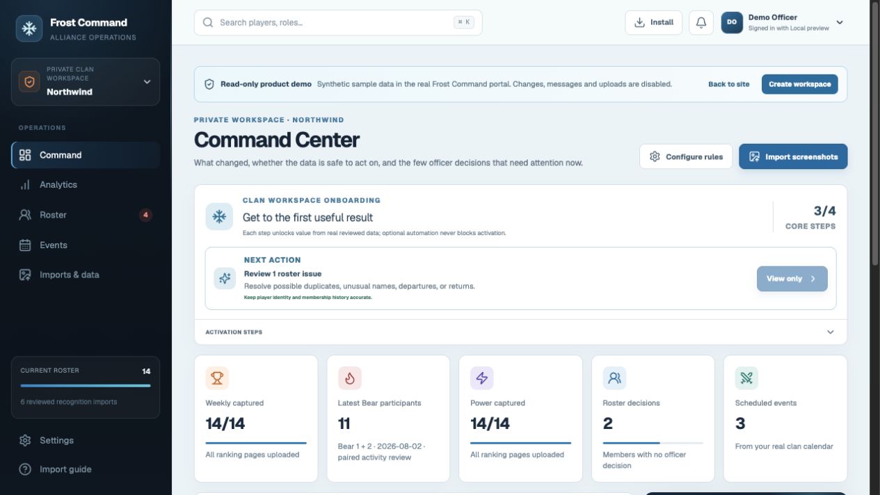 Read-only Frost Command Command dashboard with synthetic alliance metrics